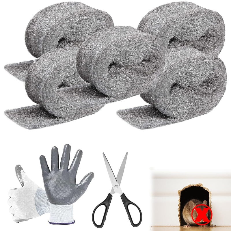 Klfte Steel Wool for Mice Control, 3.2" x12 ft Wool, Gap Filler for Home & Garage, DIY Bundle with Gloves & Scissors - 5 Pack - Image 1